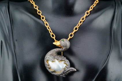 1.50ctw Diamond, Pearl and Silver/14K Swan Brooch