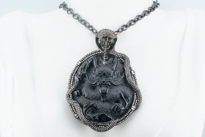 4.00ctw Diamond, Onyx and Silver Snake Pendant W/Ruby