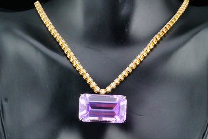 38.00ct Kunzite, 7.00ctw Diamond and 18K Necklace
