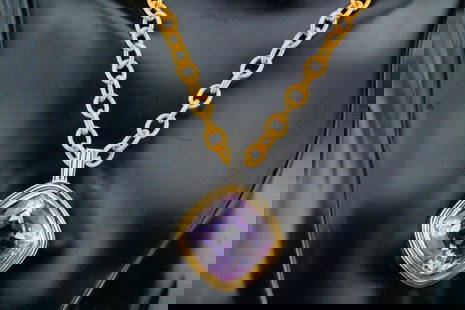 37.00ct Kunzite and 14K Pendant W/23.5" Rolo Chain: 37.00ct Kunzite and 14K White/Yellow Gold Pendant W/23.5" Gold Tone Rolo Chain - This necklace features a 14k white and yellow gold pendant boasting a 37.00ct (approximate) cushion cut kunzite. The pe