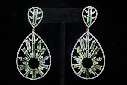 15.30ctw Tourmaline, 3.50ctw Diamond, Silver Earrings