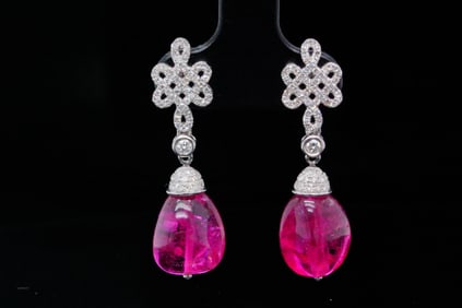6.00ctw Pink Tourmaline, 0.80ctw Diamond, 18K Earrings