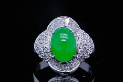 10.5mm Jade Cabochon, 0.65ctw Diamond and 18K Ring