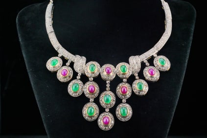 11.25ctw Emerald and Ruby, 9.50ctw Diamond, Silver/14K Necklace