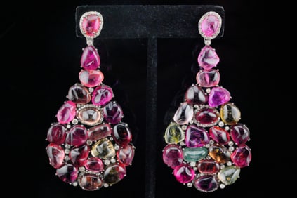 62ctw Tourmaline, 1.80ctw Diamond and Silver Earrings