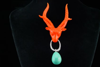 Coral, Turquoise, 0.50ctw Diamond and 14K Brooch