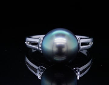 10.3mm Tahitian Pearl and 14K Ring W/Diamonds