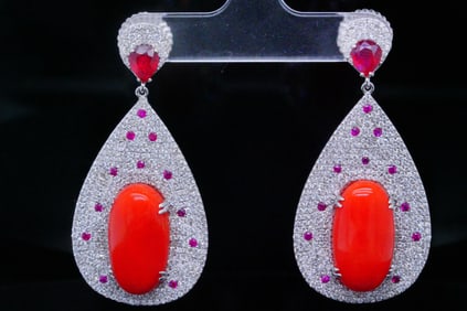 3.50ctw Diamond, 1.50ctw Ruby, Coral and 18K Earrings