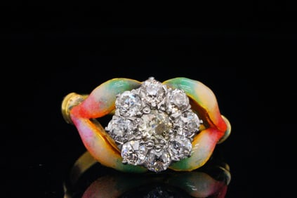 1.50ctw Yellow and White Diamond, Enamel 18K Ring