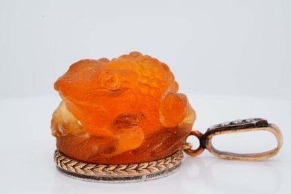 Carved Citrine, 14K and Silver Toad Pendant W/Diamonds