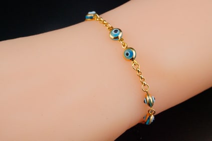 14K Yellow Gold, Blue Topaz and Enamel 5.5" Bracelet