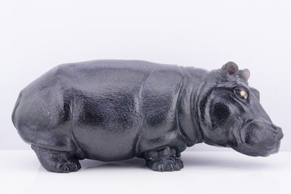 Hand-Carved Obsidian Hippopotamus w/Diamond Eyes