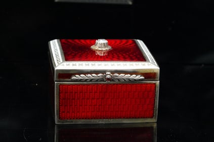 Guilloche Enamel, 0.50ct Diamond and Silver Pill Box