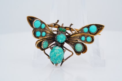 Silver and Turquoise Butterfly Brooch W/Moving Wings