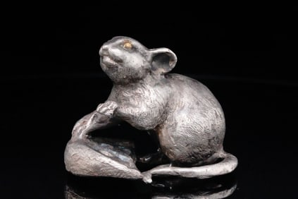 Vintage Solid Silver Mouse W/24K Gold Eyes