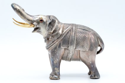 Vintage 84 Silver Elephant Statuette W/14K and Rubies