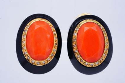 Moonlight Coral, Diamond, Onyx and 18K Earrings