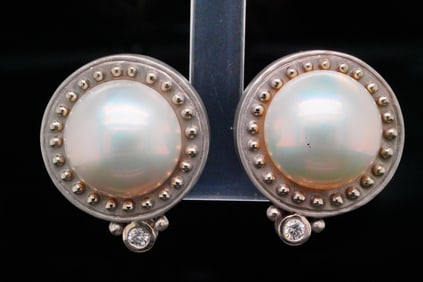 17mm Mabe Pearl, 0.20ctw Diamond and 14K Ear Clips