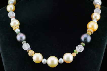 6.5mm-15.5mm Pearl, Rock Quartz, Black Opal 25" Necklace