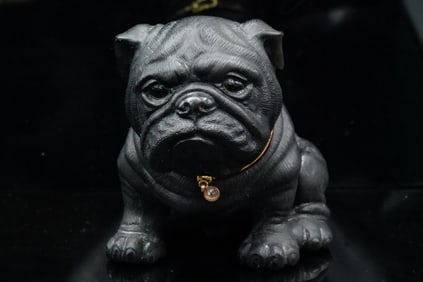Carved Obsidian Bulldog Statuette, Diamond Accent