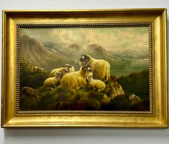 Signed Oil on Canvas Landscape Painting With Sheep