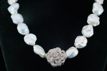 16mm-21mm Pearl, 1.60ctw Sapphire and Sterling Necklace