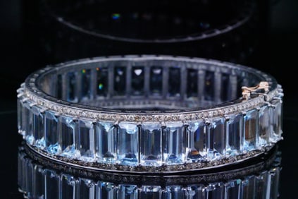 85.50ctw Aquamarine, 3.25ctw Diamond, Silver Bracelet