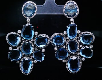 52ctw Blue Topaz, 3.00ctw Diamond and Silver Earrings