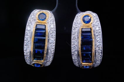3.00ctw Blue Sapphire, 1.00ctw Diamond 18K Earrings