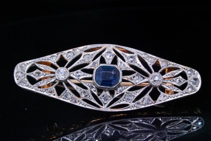1.00ctw Diamond, 0.75ct Blue Sapphire and 18K Brooch