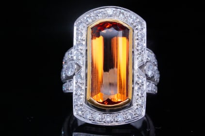 7.80ct Imperial Topaz, 1.25ctw Diamond, Platinum Ring