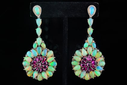 34.80ctw Opal, Tourmaline and 1.25ctw Diamond Earrings