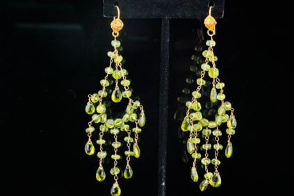 18K Gold and Hand Faceted Peridot 3.75" Earrings