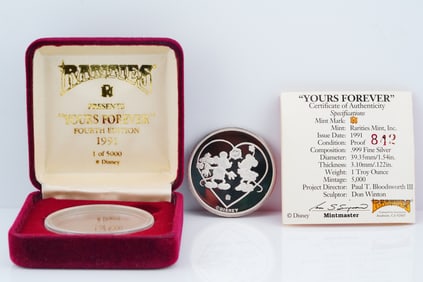 1991 Disney "Yours Forever" .999 Silver One Troy Oz Coin