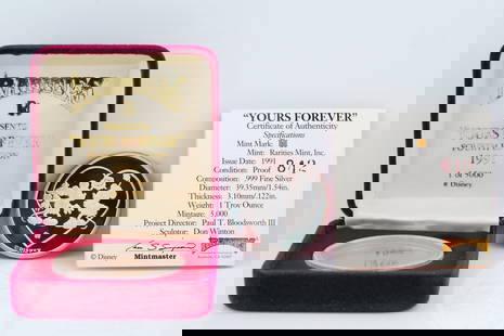 1991 Disney "Yours Forever" .999 Silver One Troy Oz Coin: Rarities Mint 1991 Disney "Yours Forever" .999 Fine Silver One Troy Ounce Coin W/Box and COA - The Rarities Mint 1991 Disney "Yours Forever" (Fourth Edition) .999 Fine Silver One Troy Ounce Coin is a