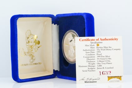 1991 "Mickey Celebrates" .999 Silver One Troy Oz Coin