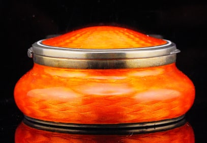 Orange Guilloche Enamel and Silver Powder Box