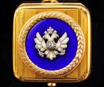 Vintage 14K Yellow Gold and Blue Enamel Pill Box