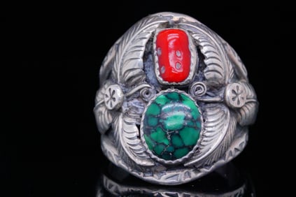 11mm Turquoise, 9mm Red Coral and Sterling Silver Ring