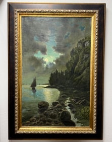 Continental School 1890 Sailboats in a Cove Painting