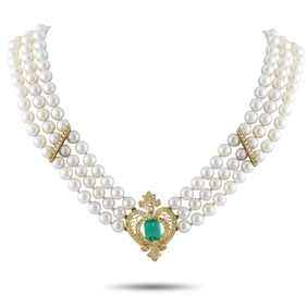 2.05ct Emerald, 1.65ctw Diamond, Pearl and 18K Necklace