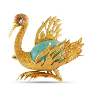 18K Yellow Gold and Turquoise Swan Brooch W/Diamond