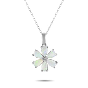 14K White Gold and Opal 18" Flower Pendant Necklace