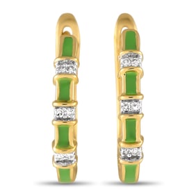 14K Yellow Gold and Green Enamel Earrings W/Diamonds