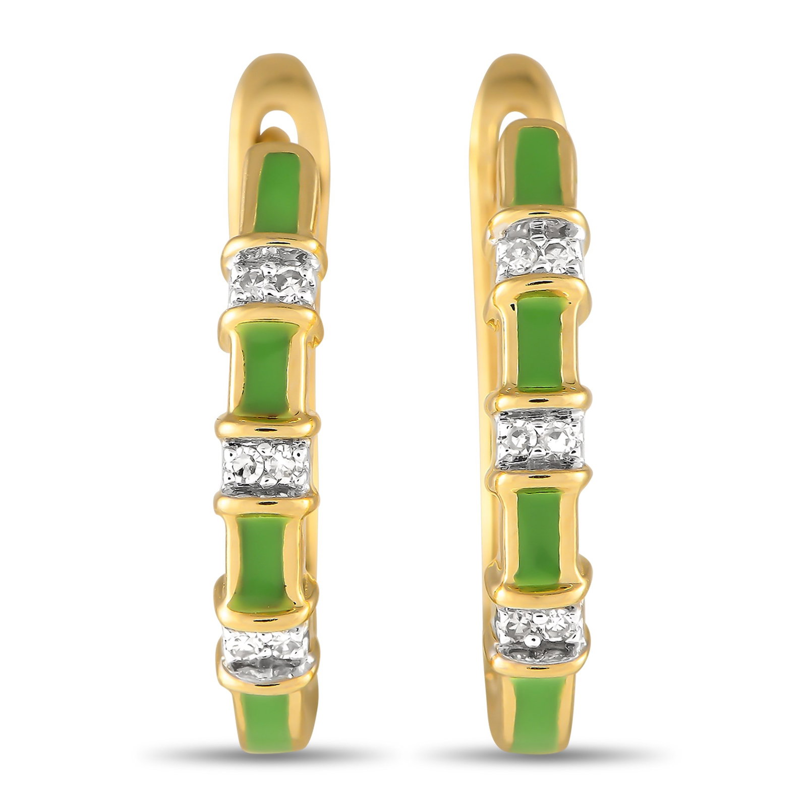 14K Yellow Gold and Green Enamel Earrings W/Diamonds: 14K Yellow Gold and Green Enamel 0.50" Bamboo Hoop Earrings W/0.05ctw Diamond Accents - These stylish bamboo-inspired huggie earrings bring a unique textured flair to any outfit. Crafted in 14K yellow