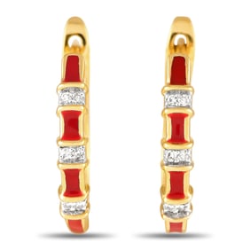 14K Yellow Gold and Red Enamel Earrings W/Diamonds