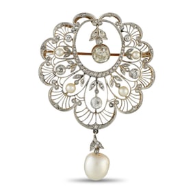 3.05ctw Diamond, Pearl, Platinum and 18K Antique Brooch