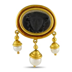 Elizabeth Locke 18K and Pearl Intaglio Medusa Brooch