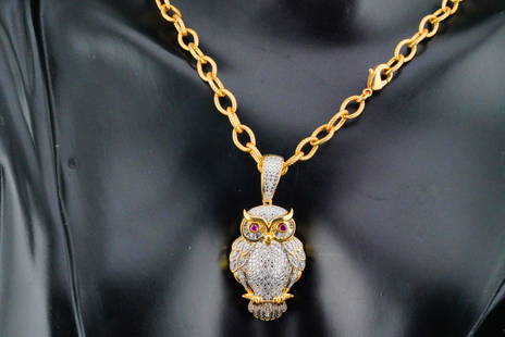 14K and Diamond Owl Pendant on Gold Tone Chain: 14K Yellow Gold and 0.30ctw Diamond Owl Pendant W/Ruby Accents on Gold Tone Chain - This necklace features a 14k yellow gold owl pendant hanging from a rolo style gold tone chain. The pendant is embel