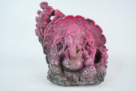 Exquisite Hand-Carved Ruby Sculpture, Ganesha and Shiva: Exquisite Hand-Carved Ruby Stone Sculpture of Ganesha and Shiva - This is a stunning and unique hand-carved sculpture depicting the revered Hindu Deities Ganesha and Shiva, father and son, expertly cr